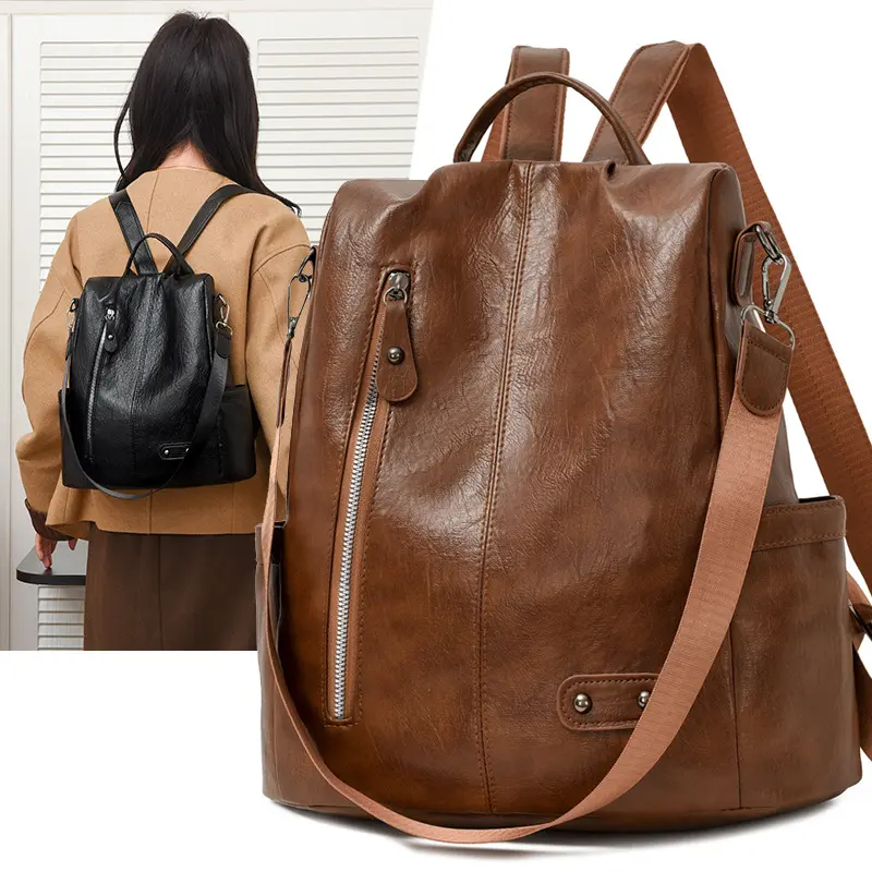 Women's stylish faux leather anti-theft backpack, casual shoulder bag, fashionable handbag, compact vintage-style backpack, high-capacity bag, lightweight student schoolbag