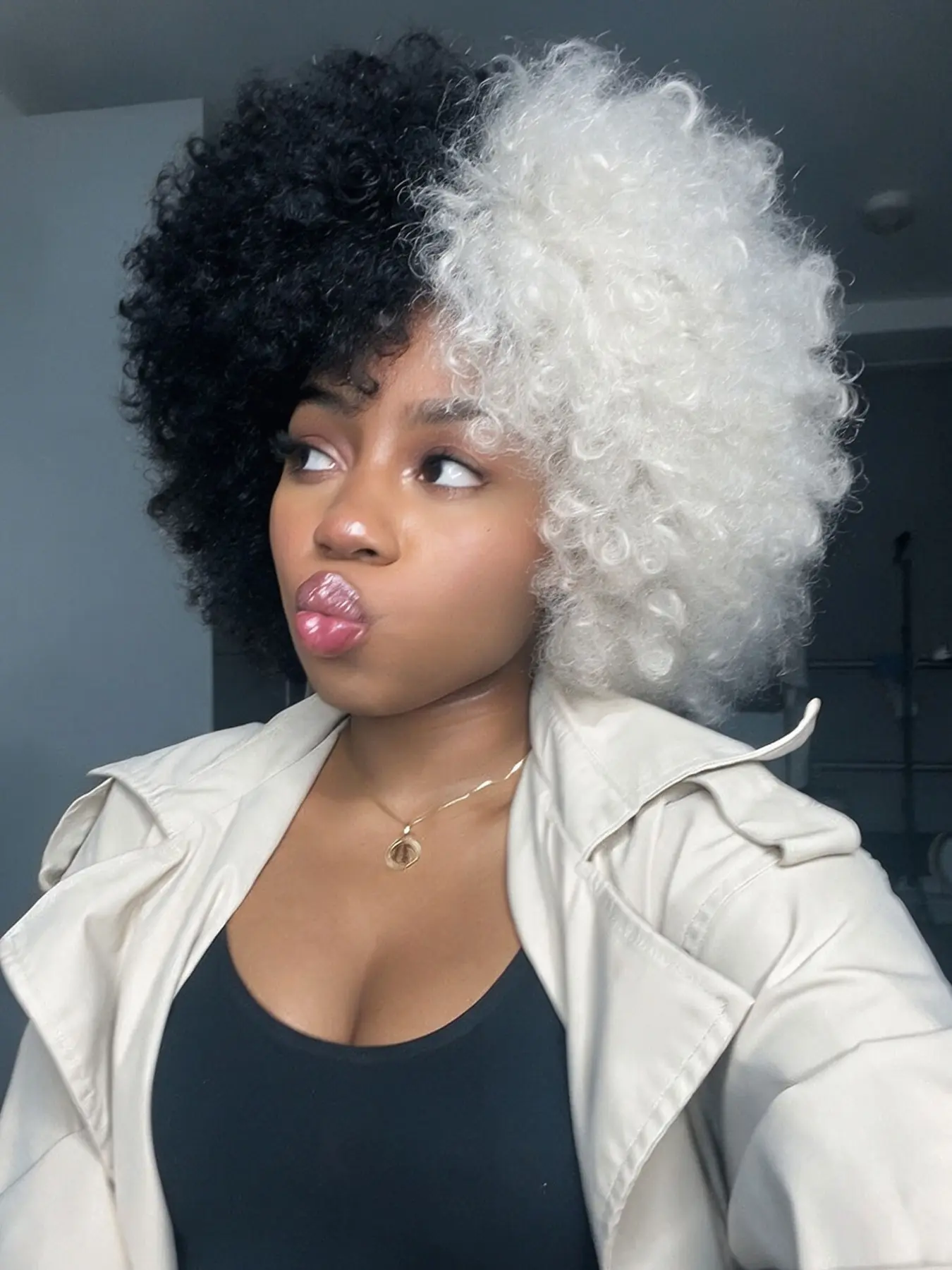 Half Black Half White Fluffy Afro Synthetic Wig With Bangs High Temperature Fiber Two Tone Short Curly Full Wig 70s Retro Style For Cosplay Party Festival
