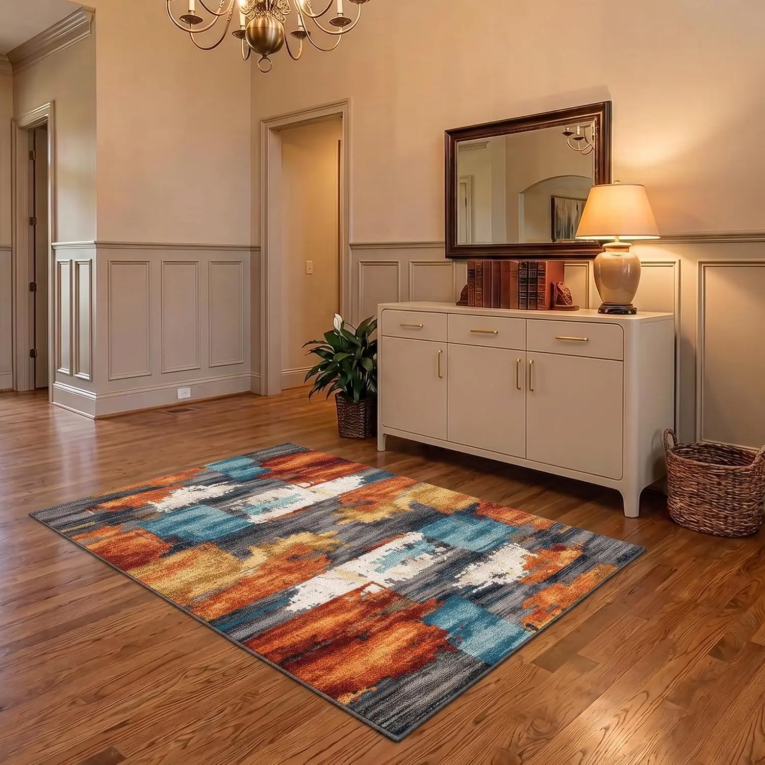 Modern 3x5 Burnt Orange and Teal Abstract Brushstroke Area Rug - Soft Low-Pile, Machine-Washable, Non-Slip Backing for Dining Rooms, Entryways