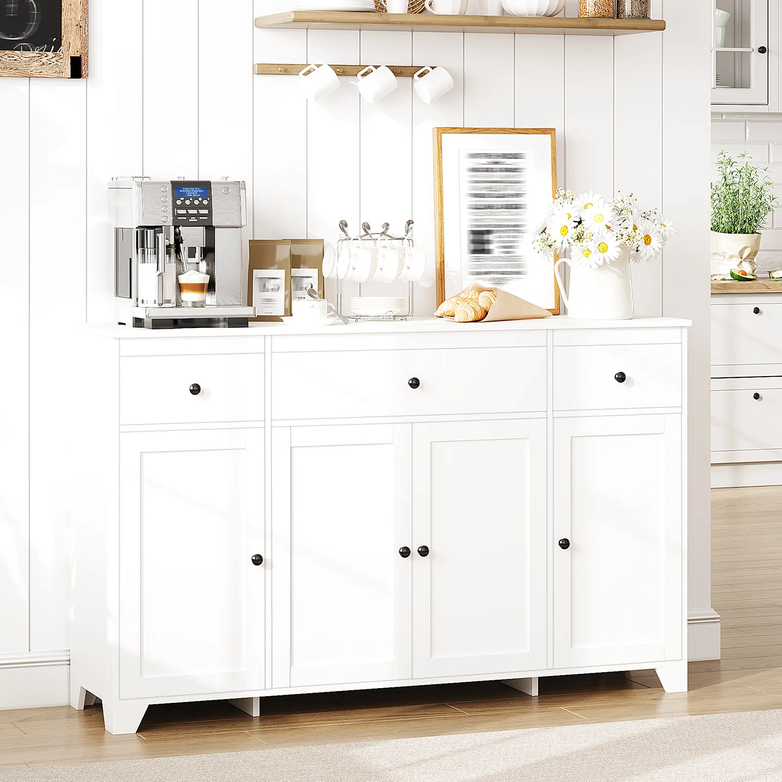 55" Sideboard Buffet Cabinet with Storage, Minimalist Kitchen Storage Cabinet with 3 Drawers & 4 Doors, Buffet Console Table Coffee Bar Cabinet with Adjustable Shelf for Dining Living Room