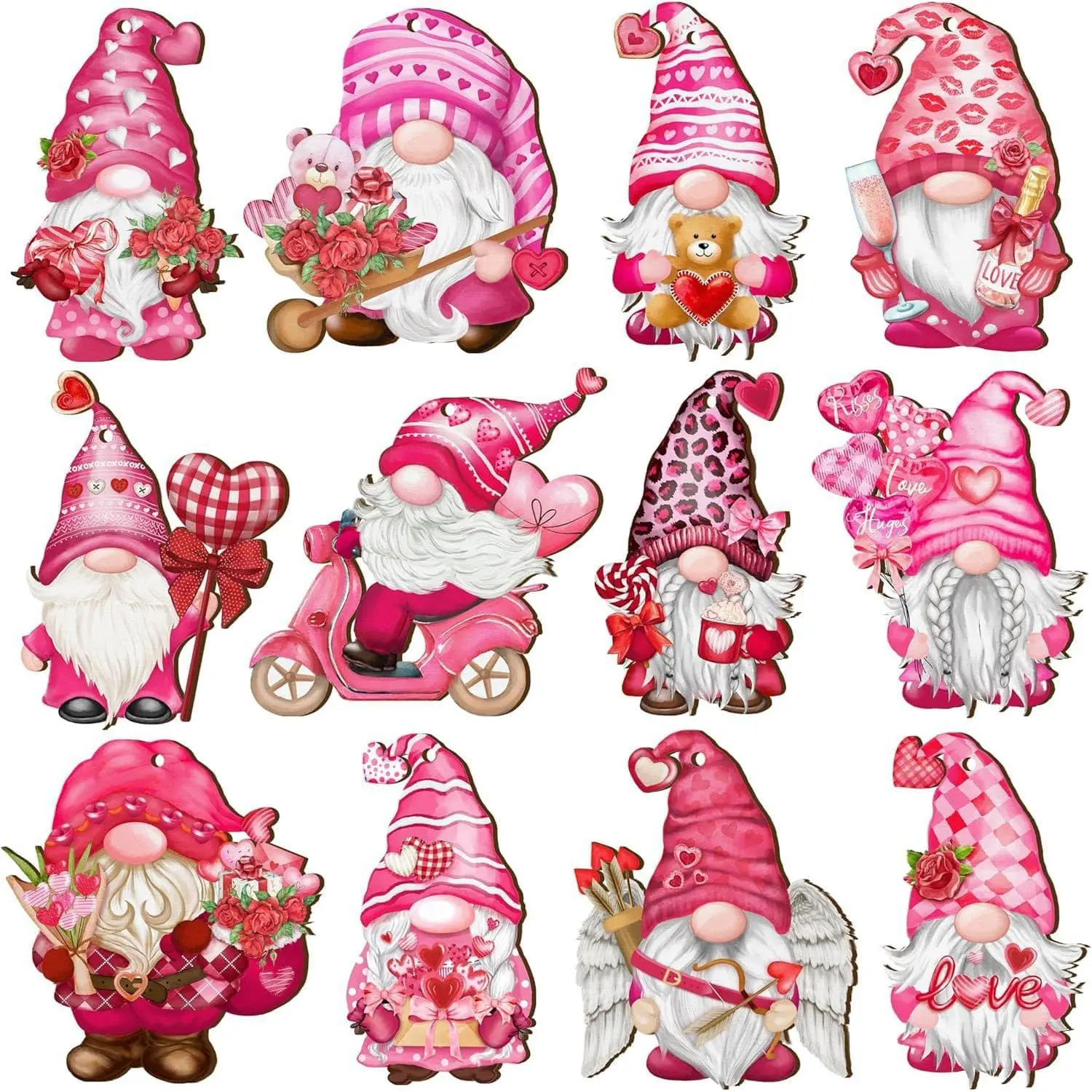 12-Count Wooden Valentine's Day Tree Ornaments Set, Love Hearts & Rose Design, Modern Romantic Fest Decor, Easy Hanging for Valentine's Holiday Party Home Supplies