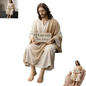 Jesus Figurines, Mini Handmade Sitting Jesus Statue Gifts with I Am with You Always Sign, Small Resin Christian Office Desk Figurine Decor, Jesus Ornaments, Positive Sculptures Stuff for Car Dashboard