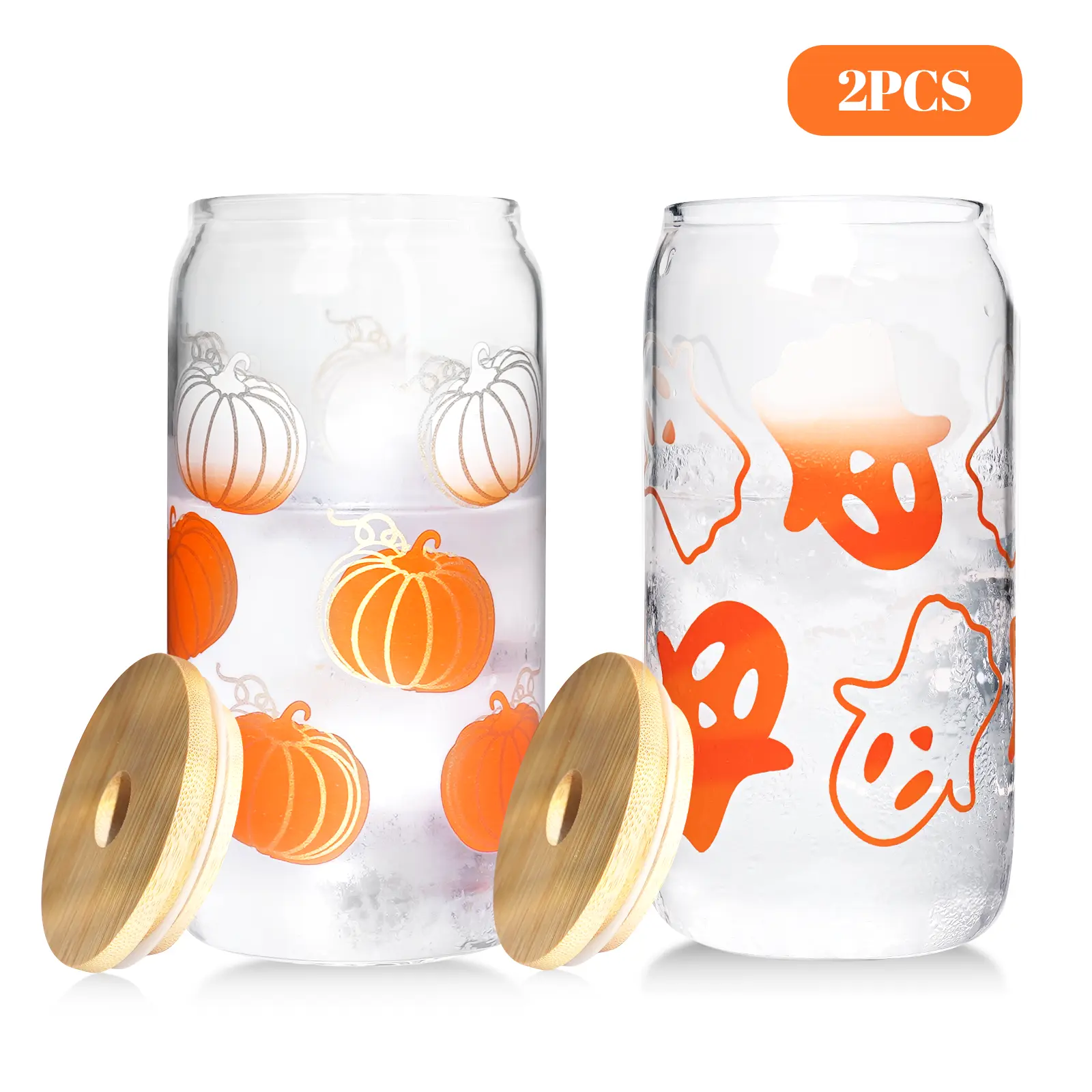 Fall Color Changing Cups with Lids and Straws Featuring Pumpkin & Ghost - Perfect for Iced Coffee, Tumblers Glass Bamboo Water Bottles Reusable Bottled