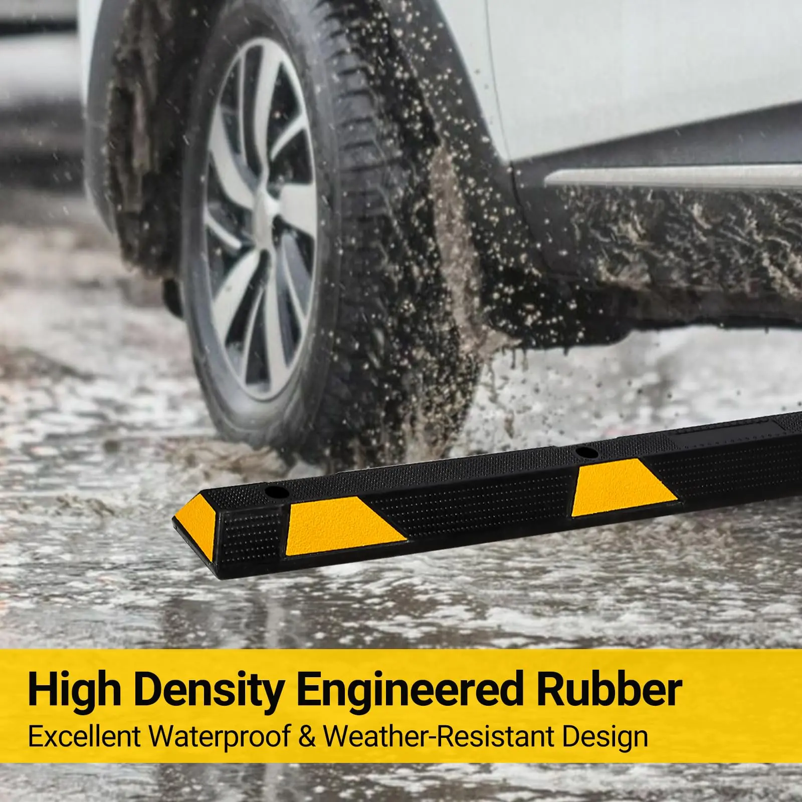 Heavy Duty Rubber Parking Curb – 72 Inch 2-Pack Wheel Stopper with 8 Reflective Yellow Stripes – Non-Slip Garage Parking Block for Cars, Trucks, RVs, Driveway, Parking Lot