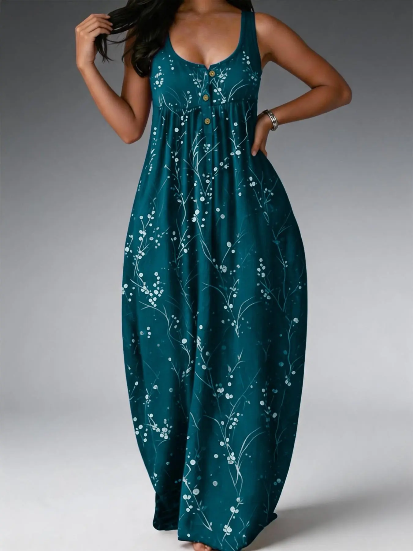 Elegant Plus Size Women's Dress, Loose Fit Slimming Tree Print Sleeveless Long Dress, Fashionable European and American Style, Chic Evening Gown