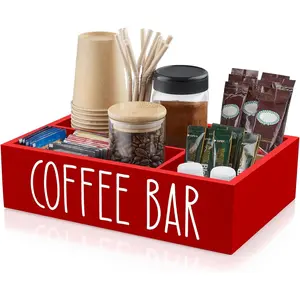 Red Coffee Station Organizer with Removable Dividers - Coffee Pod Holder Storage Basket for K Cup Sugar Tea - Red Coffee Bar Kitchen Decor Accessories Organizer for Countertop