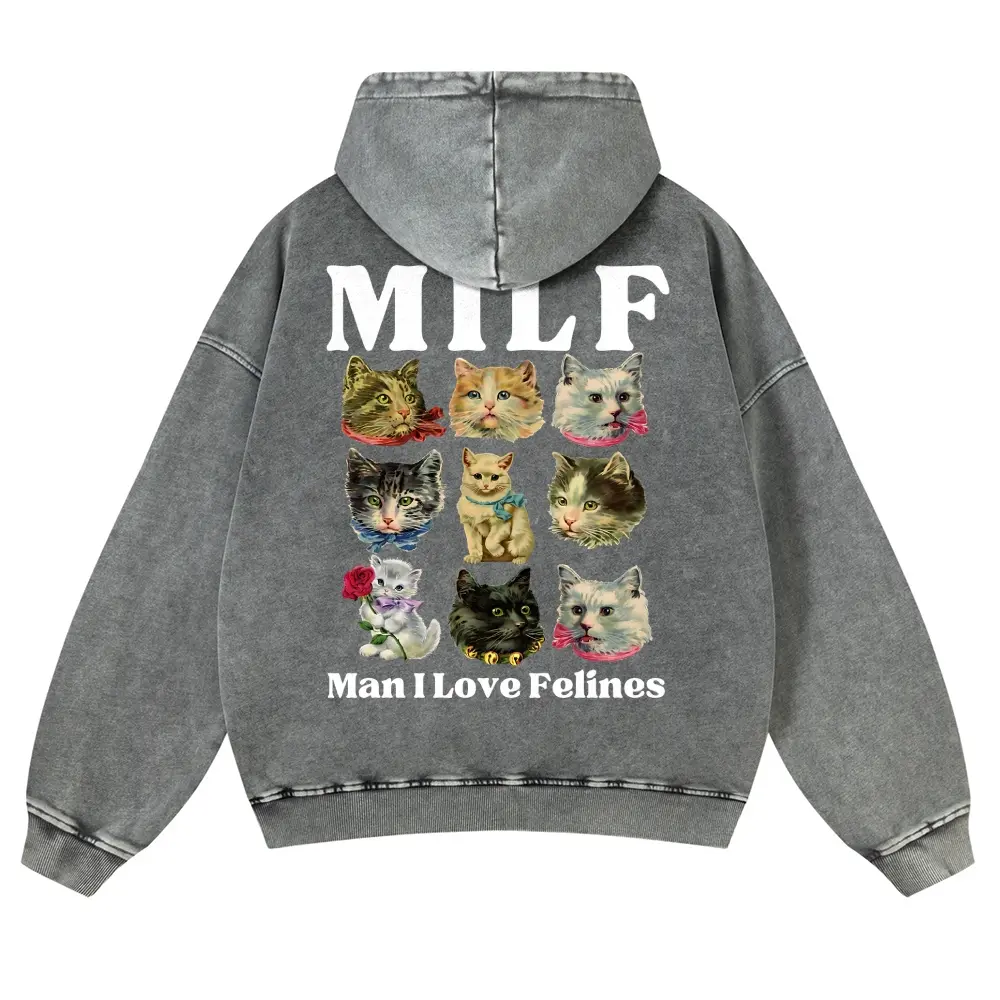 MILF Man I Love Felines Cat Graphic Hoodie Vintage Olive Acid Wash Oversized Sweatshirt Unisex