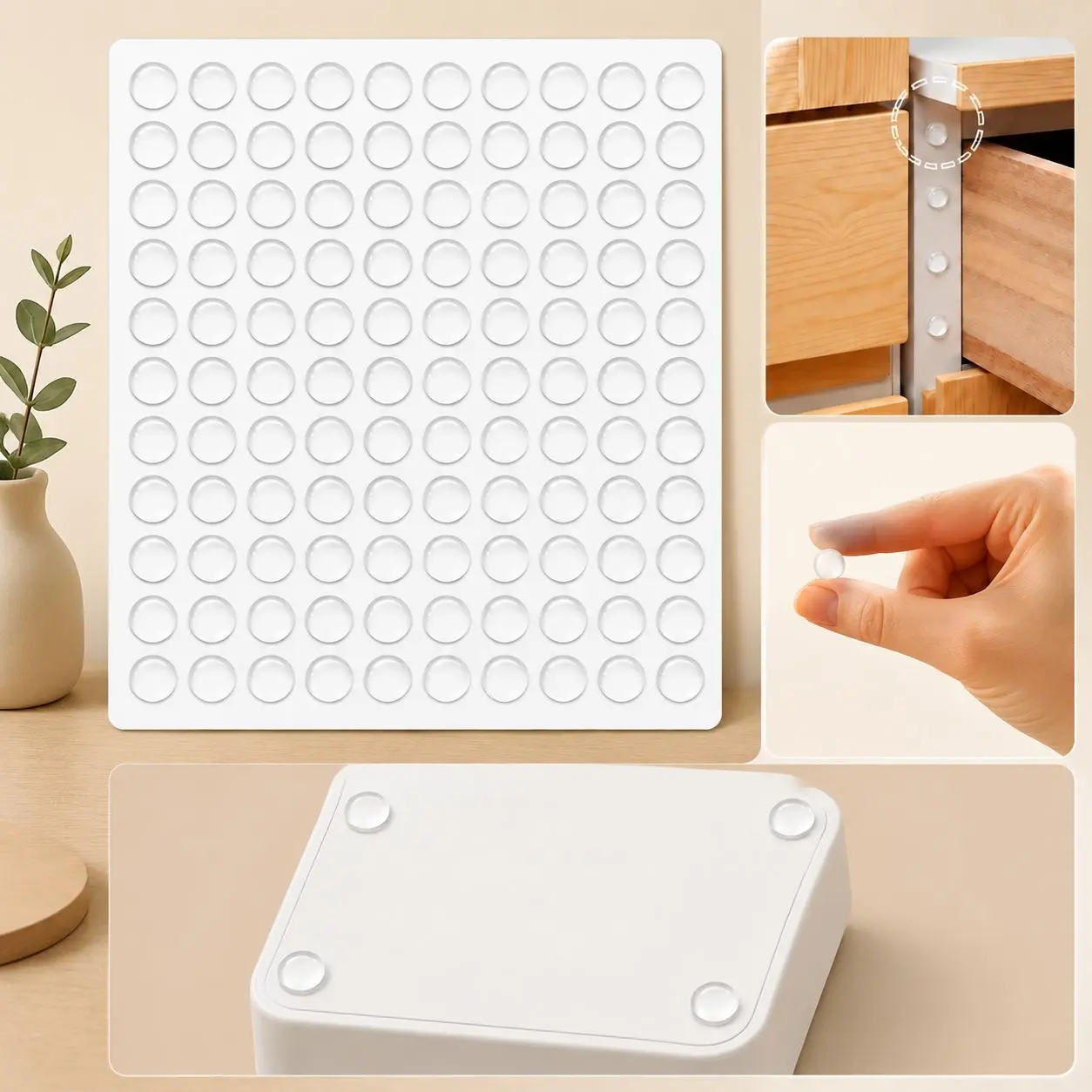 100PCS Self Adhesive Silicone Bumper Pads, Hemispherical Rubber Buffer Dots, Non-Slip Noise Reducing Cabinet Door Stoppers, Clear Furniture Feet Pads for Kitchen, Bathroom, Bedroom, Office, Drawer, Cupboard, Table, Chair and Glass Protection