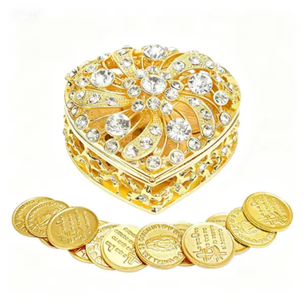 Gold Tone Christian 13-Virgen de Guadalupe Arras Coins Set with Heart Shaped Keepsake Gift Box, Reusable Wedding Ceremony Accessories (Home Decor)