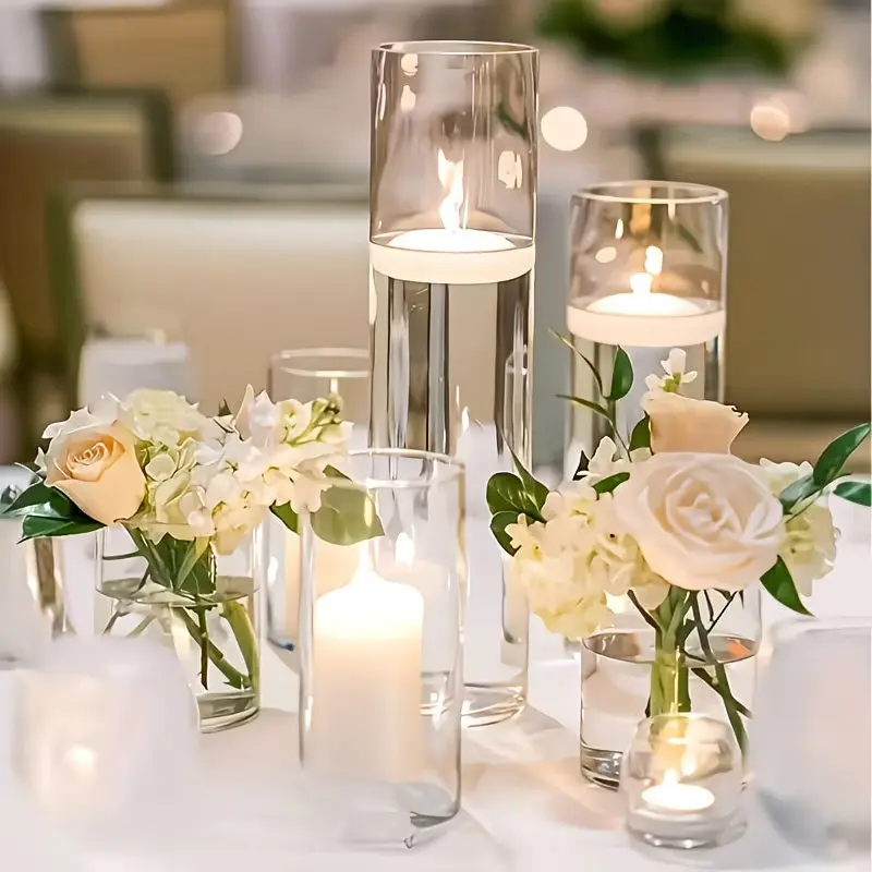 6-Piece Classic Handmade Glass Vase Set, Transparent Decorative Vases, Vase for Flowers, Hurricane Glass Candle Holders, Ideal for Home, Wedding, Holiday Decor