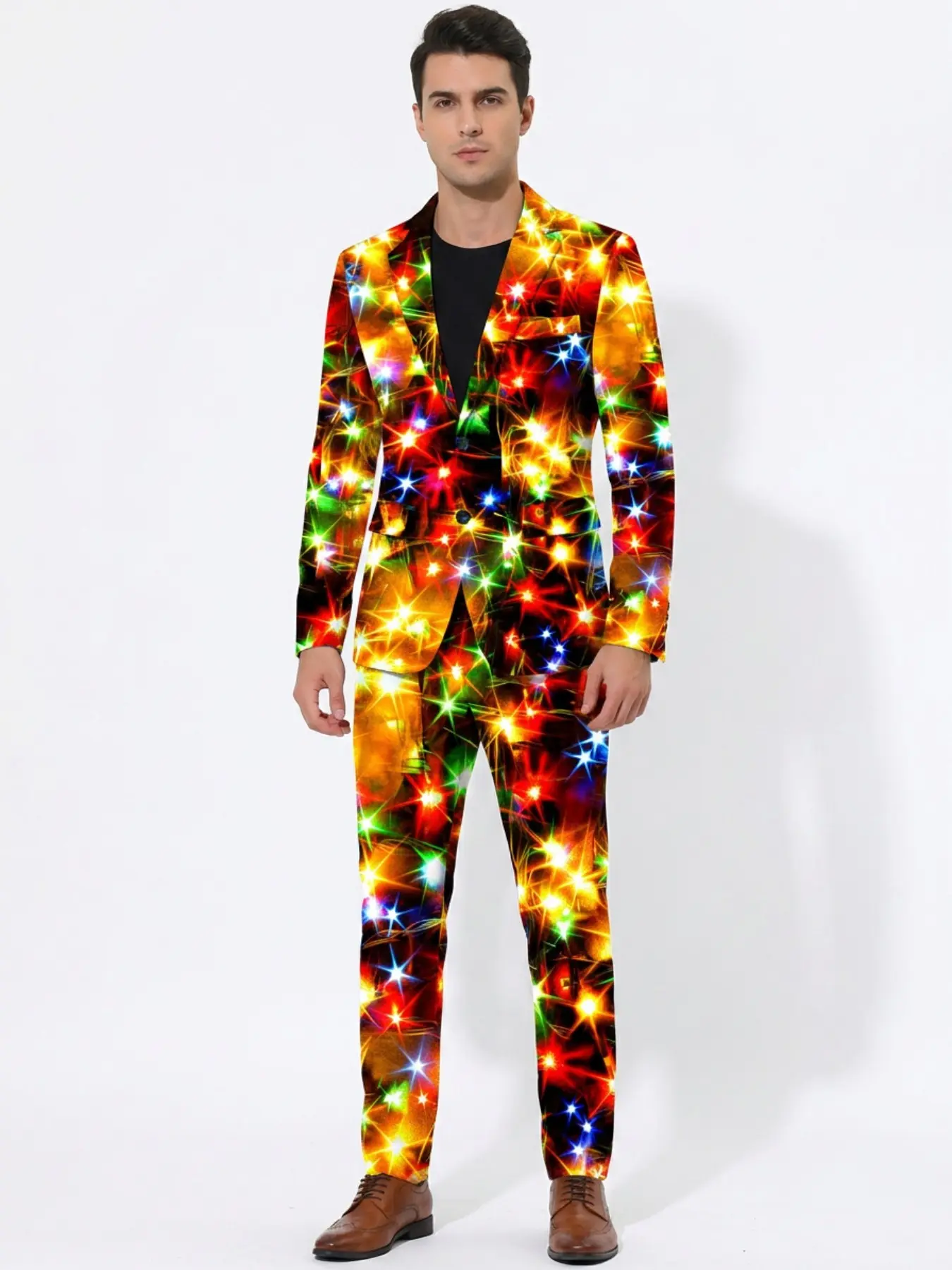 Men's two-piece suit set with festive colored light print, featuring a colorful string of lights printed all over the fabric. The slim-fit suit is paired with matching printed trousers, making it an eye-catching formal suit for Christmas parties.