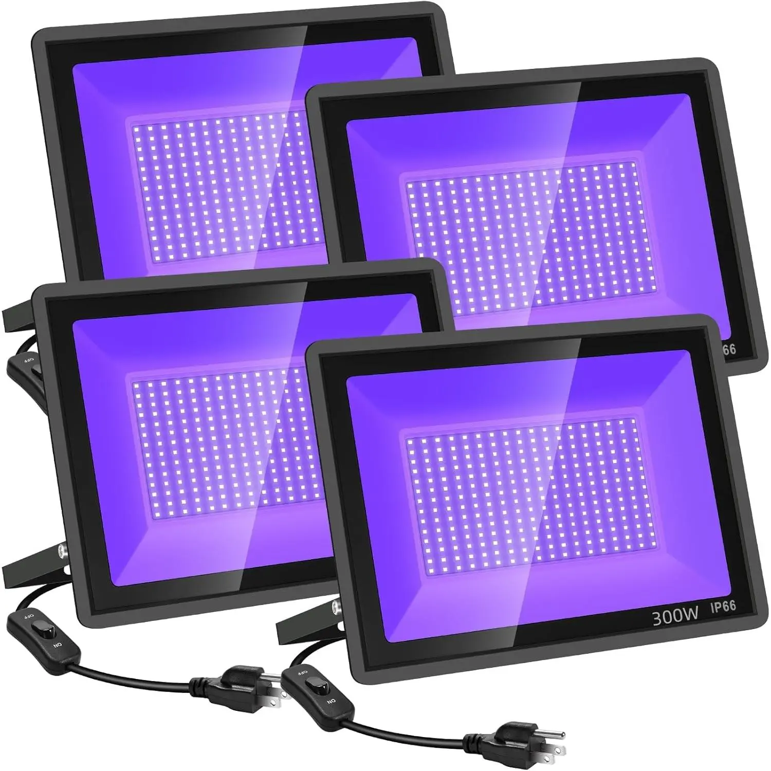 4 Pack 300W Power LED Black Flood Lights - Outdoor Plug-In IP66 Rated Water Resistant Blacklight for Halloween, Fluorescent Reacts, Outdoor Lighting Solutions