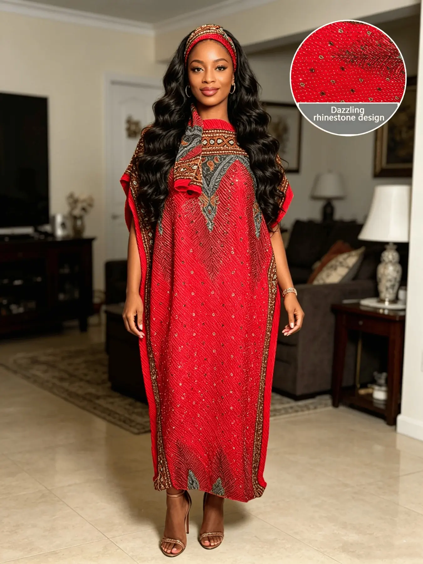 Bright Red Feather Ethnic Hot Drill Rhinestone Kaftan Two Piece Set With Matching Head Wrap, Oversized Split Hem Maxi Evening Gown, Luxury Wedding Guest Holiday Formal Dress, Fits Plus Size Curvy Figures