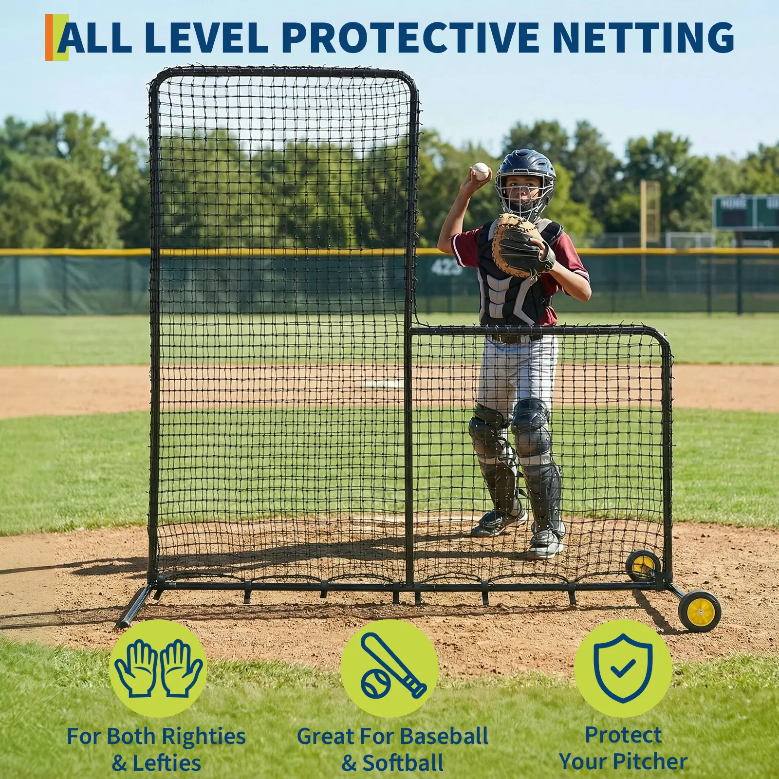 L-Shaped Baseball Pitching Net with Wheels - Steel Protective Screen for Batting Cage, Field, Softball & Tee-Ball Practice