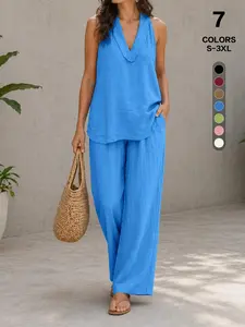 2026 European Style Home Wear Set, Casual Breathable Linen Halter Two-Piece Suite, Summer Deep V Sleeveless Top + High-Waisted Wide Leg Pants