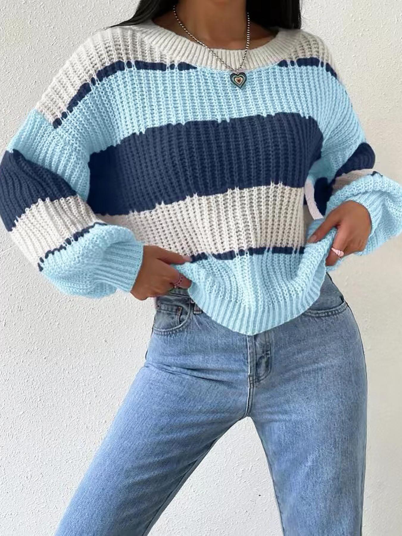 Women's Colorblock Bishop Sleeve Round Neck Sweater Without Necklace, Casual Long Sleeve Jumper for Fall & Winter, Tops, Women's Knitwear for Daily Wear