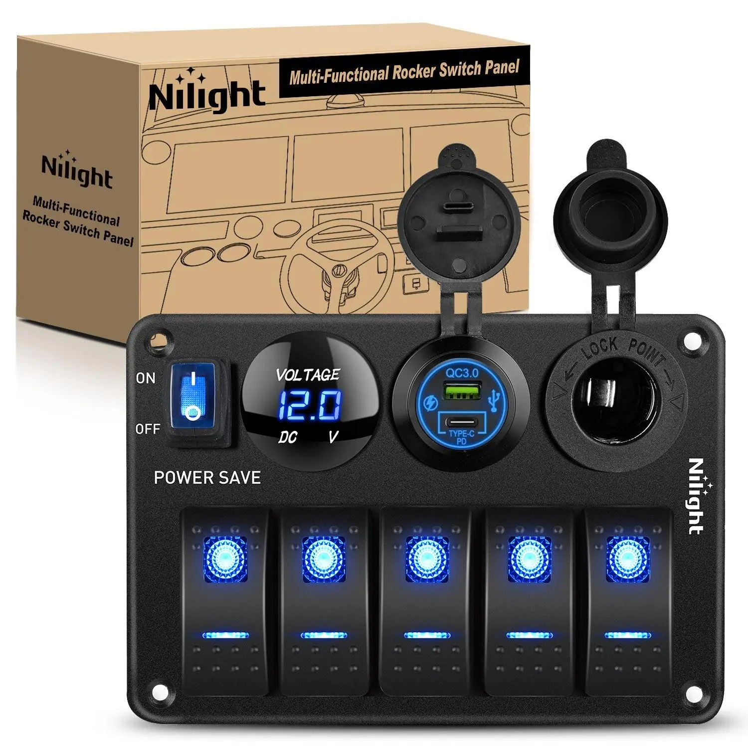 Nilight 5-Gang Waterproof Pre-Wired Aluminum Rocker Switch Panel - 12V-24V 20Amp Vehicles Power Control with PD Type-C, USB, Cigarette Lighter Socket, Voltmeter, LED Glow, 2 DIY Sticker Sets, 4 Screws, ABS/PC Durable Components for Jeeps, Buses, Trailers,