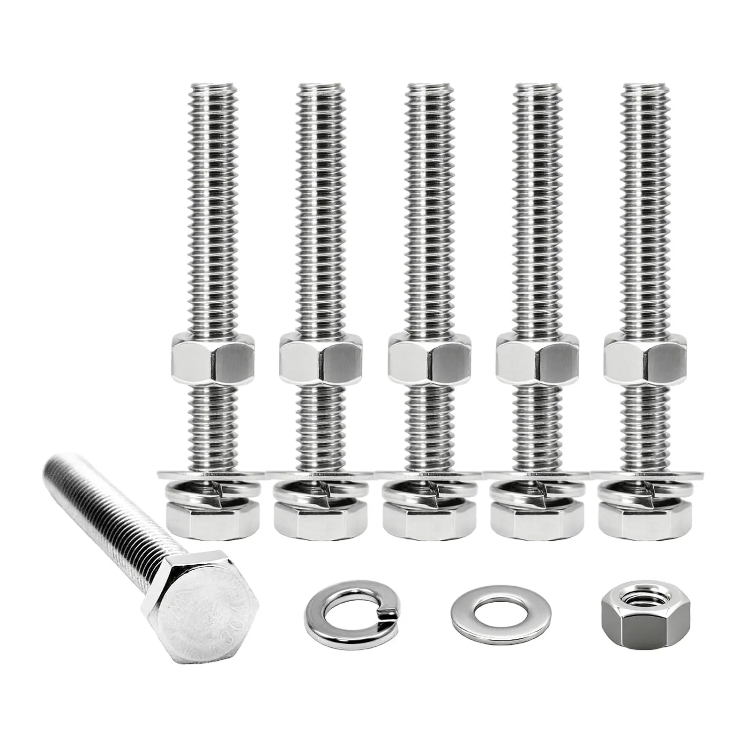 5/16 x 3 Hex Bolt Set with Nuts, Flat Washers, Spring Washers - 304 SS