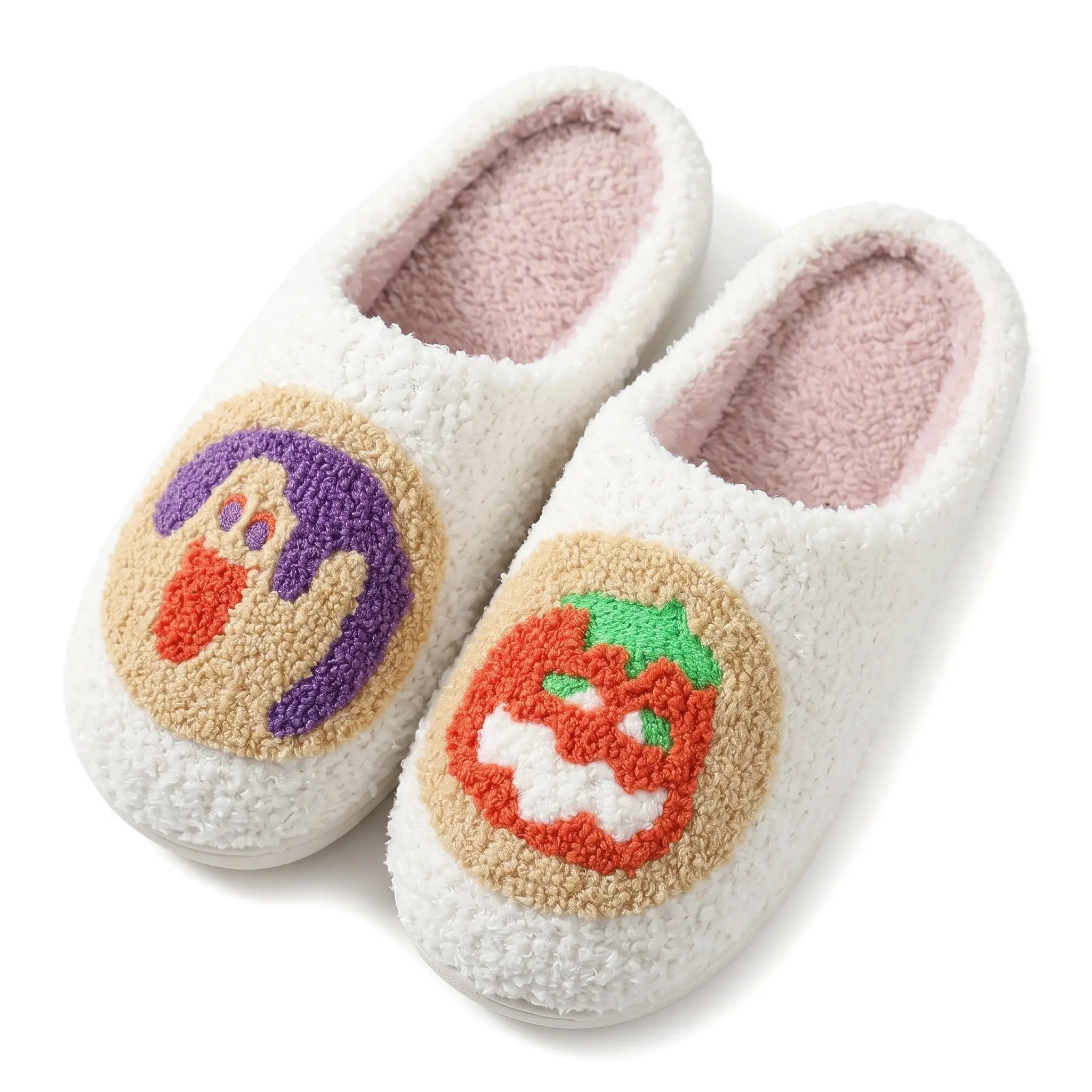 Vintage Halloween Embroidered Polyester Plush Slippers - Unisex Casual Round Toe House Slides, Soft Fall Winter House Shoes, Perfect Halloween Gift for Relaxation