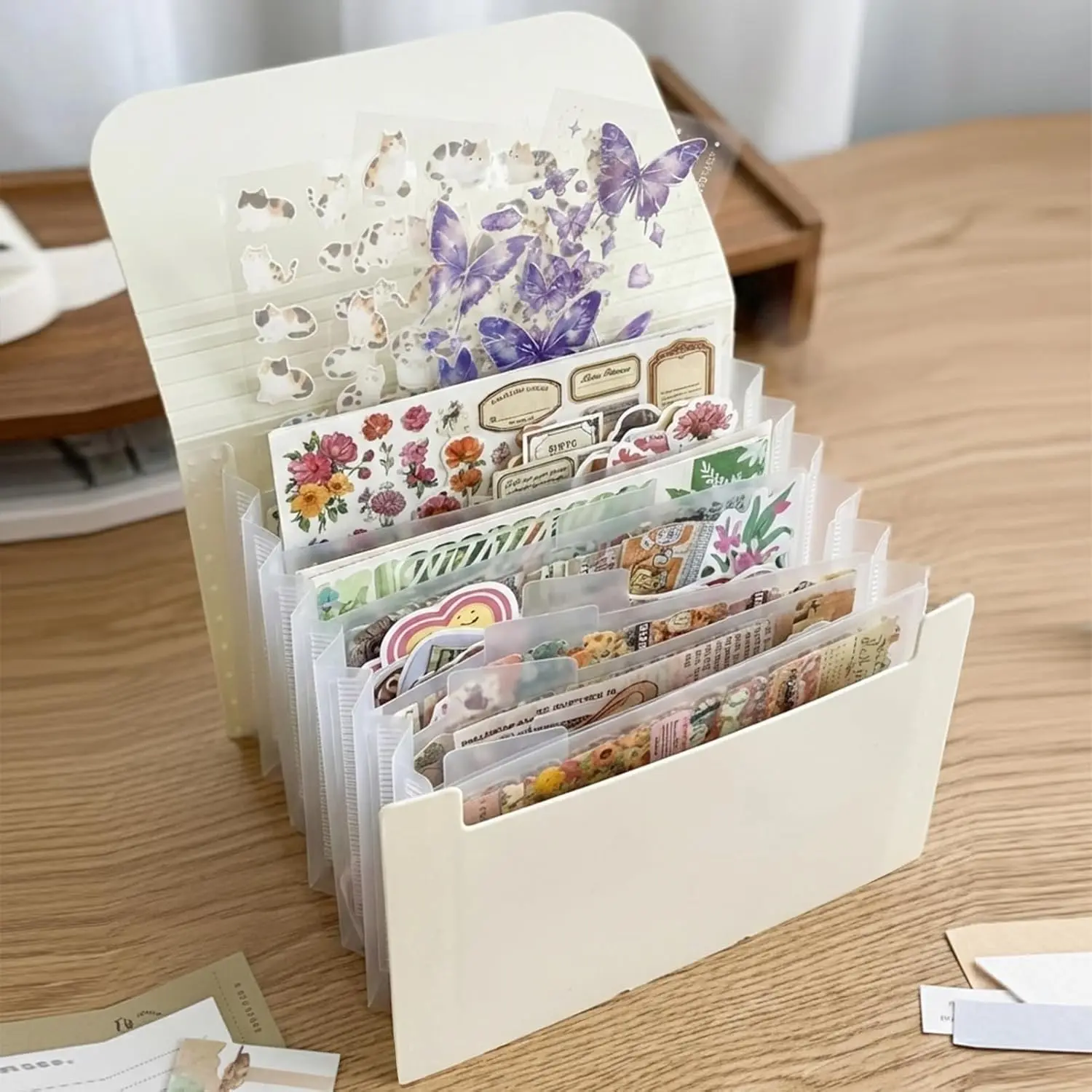 Sticker Storage Organizer with 7 Expandable Pockets, A6 Multi-Layer Desktop Sticker Binder for Scrapbook Essentials and Journal Organizer, Large Capacity for Thick Sticker Album, Washi Tape(Cream)