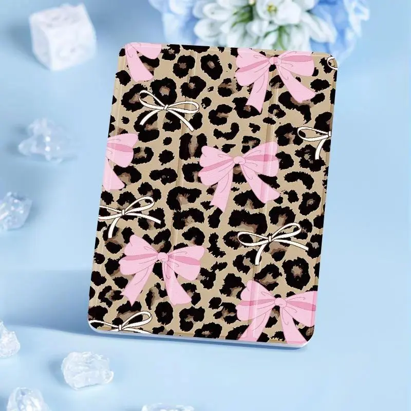 Cute Bow & Leopard Print Pattern Tablet Case Casing with Pen Slot, Auto Sleep/Wake Tablet Protective Cover, Tablet Accessories Compatible with iPad, Smart Tablet Accessories