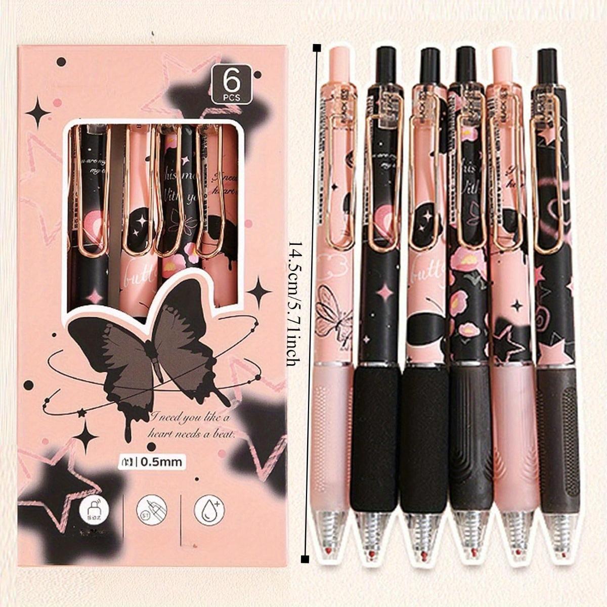 6 Pack Retractable Gel Ink Pens, Fine Point 0.5mm, Black Ink, Butterfly & Rose Flower Design, Cute Writing Pens for School, Office, and Home Use, Ideal Gift for Teens and Adults