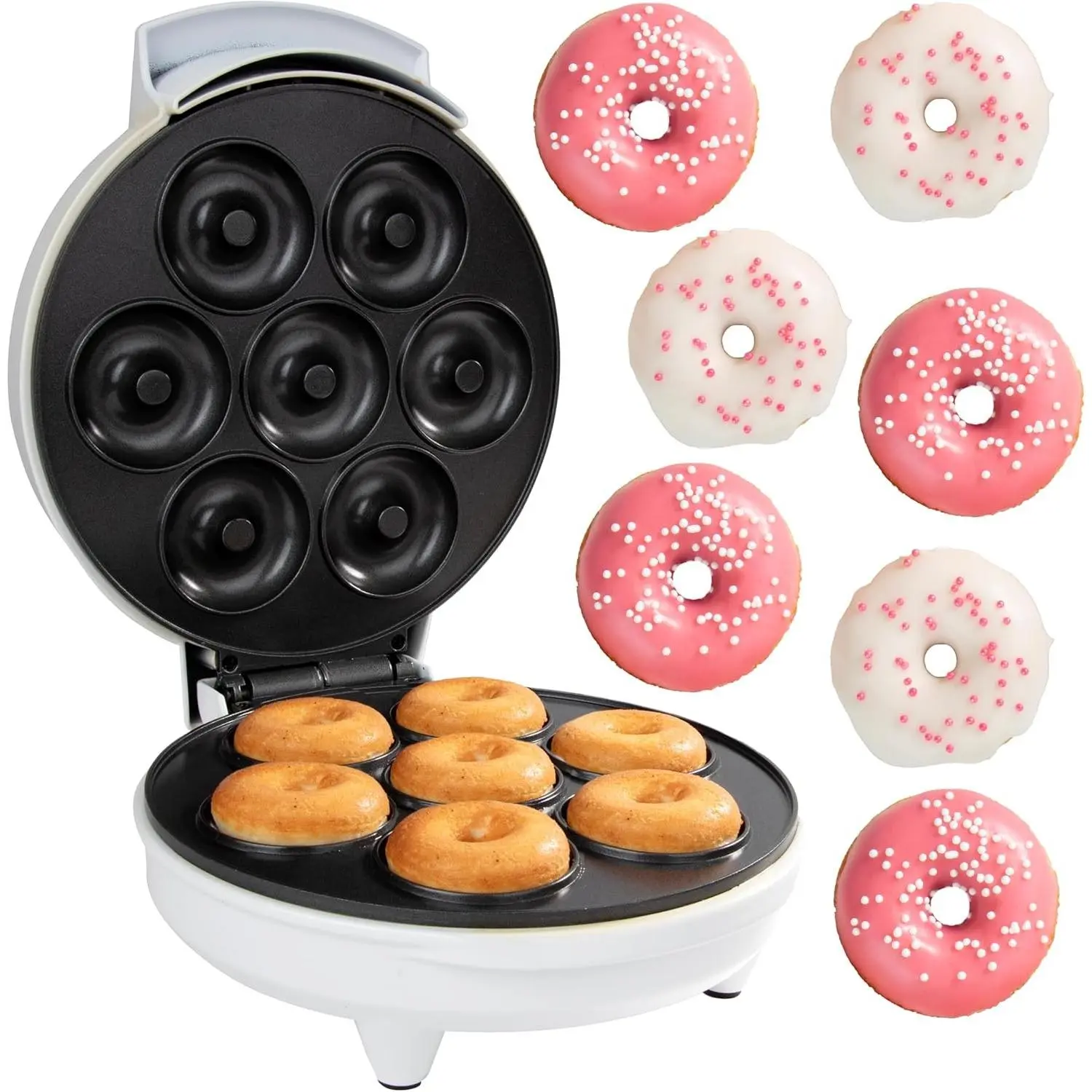 Electric Non-Stick Mini Donut Maker Makes 7 Small Doughnuts, Kid Friendly Baked Dessert Treat with Recipe Guide, Easy Perfect Bake Gift for Family Cooking Activity