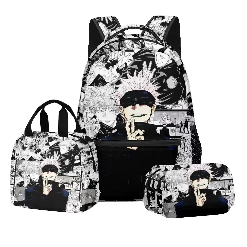 Jujutsu Kaisen Anime Backpack Set, 3PCS Student School Bag with Pencil Case and Handbag, Large Capacity Cartoon Travel Backpack for Kids Teens