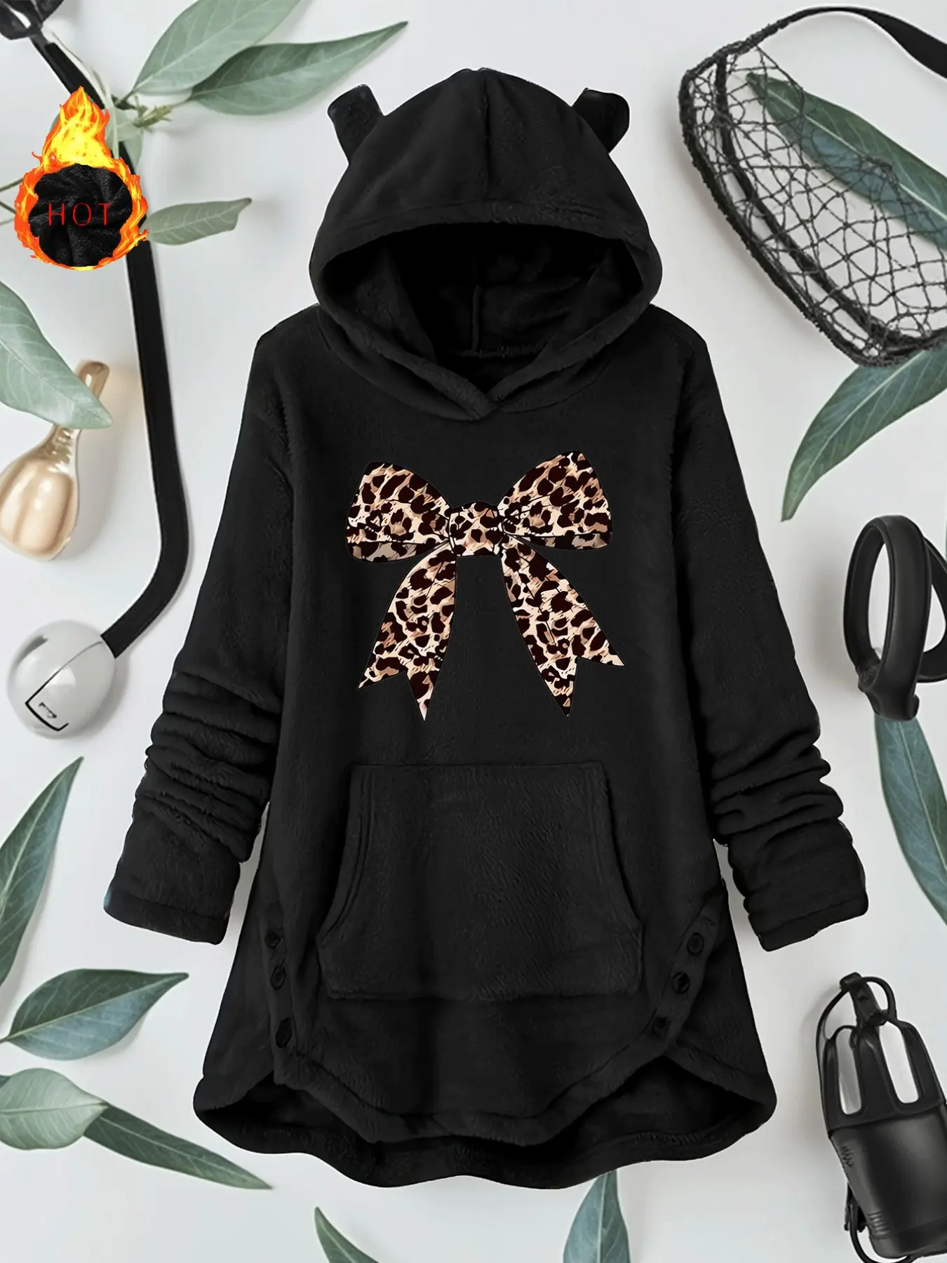 Y2K Leopard Print Bow Cat Ear Hooded Sleep Robe, Soft Plush Long Coat for Autumn Winter, Fashionable Loose Fit Homewear Sweatshirts