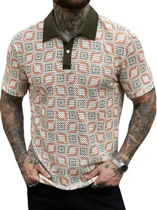 Summer Men's Colorblock Hollow Out Polo Shirt, Breathable Turn-Down Collar, Vacation Style Short Sleeve, Slim-Fitting