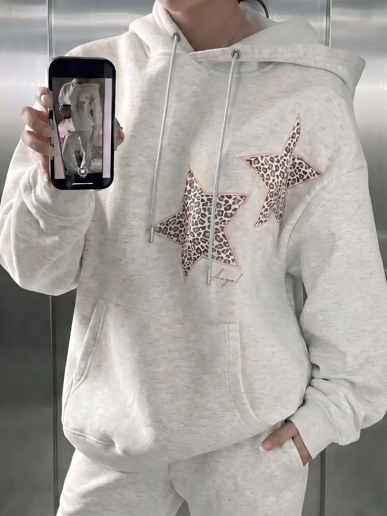 Women Heather Grey Leopard Star Print Hoodie Sweatpants Co-ords Outfit Set, Sweatshirt Sets, Drawstring Hood Kangaroo Pocket Oversized Long Sleeve Tracksuit, Y2K Coquette Aesthetic Streetwear Matching Sets