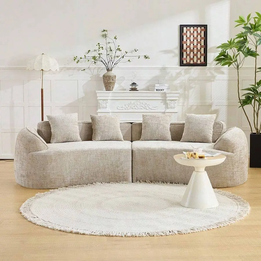 Modern Curved Chenille Sofa Couch, Nordic-Inspired Compressed Cloud Couch Living Room Bedroom Apartment, Soft 3-Seater Sofa With Comfortable Deep Seating, Boneless Sofa With Skin-Friendly, No Assembly Required
