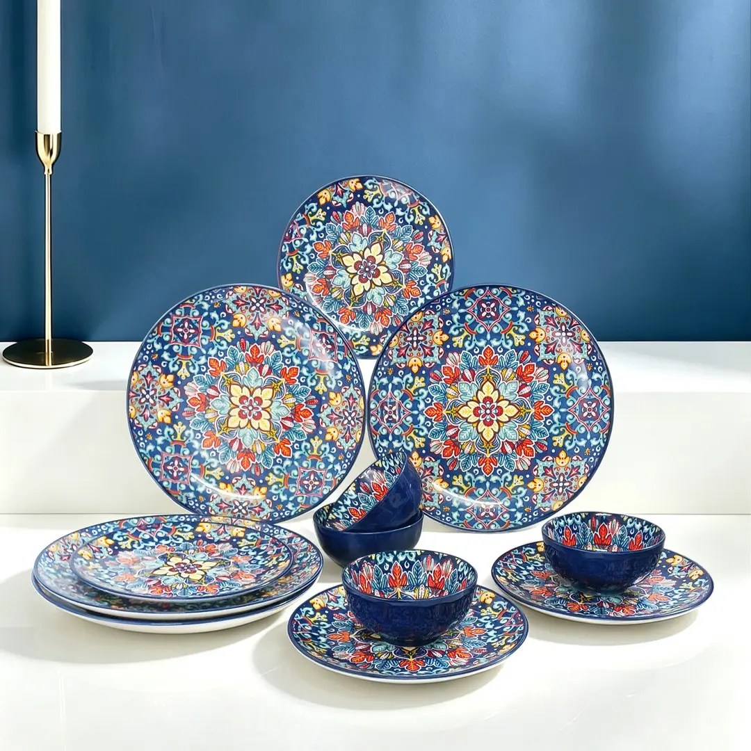 12pcs Blue Bohemian Style Ceramic Dinnerware Set, 4 Bowls 4 Plates 4 Large Dishes, Scratch-Resistant, Microwave Oven Dishwasher Safe, Tableware Sets