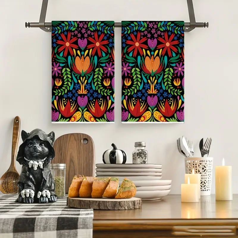 2-piece leafy floral kitchen towel, dish towel, Mexican carnival style, 40.64x60.96 cm decorative hand towel, kitchen towel, bathroom, party, home decoration.