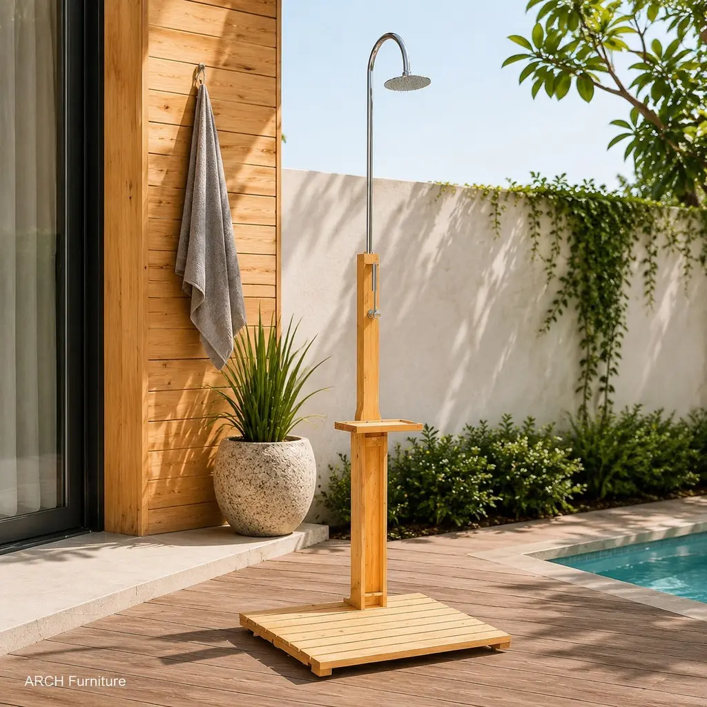 ARCH Furniture Wood Outdoor Shower - Square, Solid Fir Stand, Adjustable Flow Water Control, Cooling Function, Storage Hole, Weather Resistant, 12.87 lbs, 25.59 in.(l)x29.53 in.(w)x86.61 in.(h) for Pool, Patio