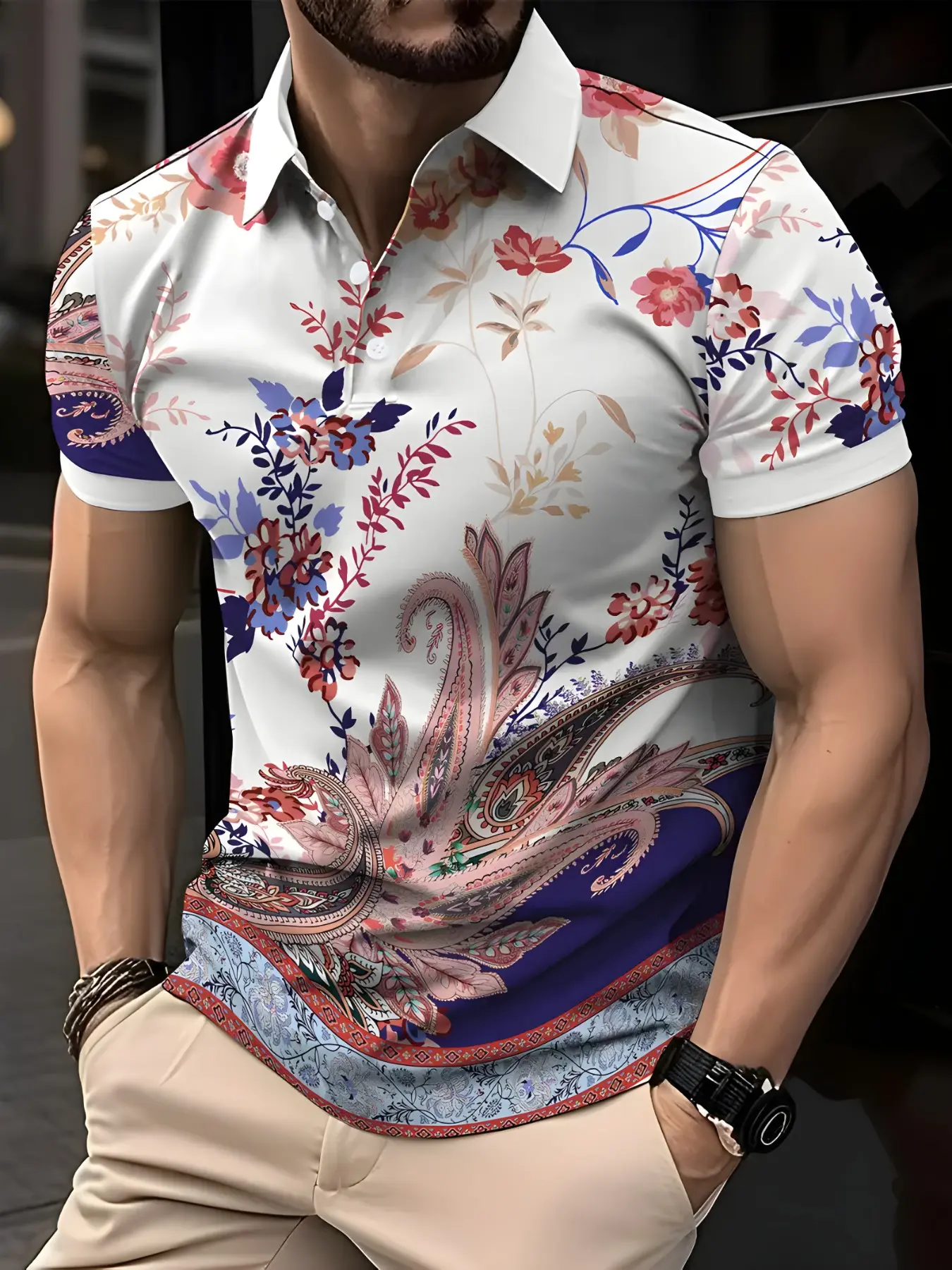 Vintage Floral Paisley All over Print Men's Polo Shirt, Fitted Short Sleeve Summer Fashion, Casual Daily Wear, Perfect Gift