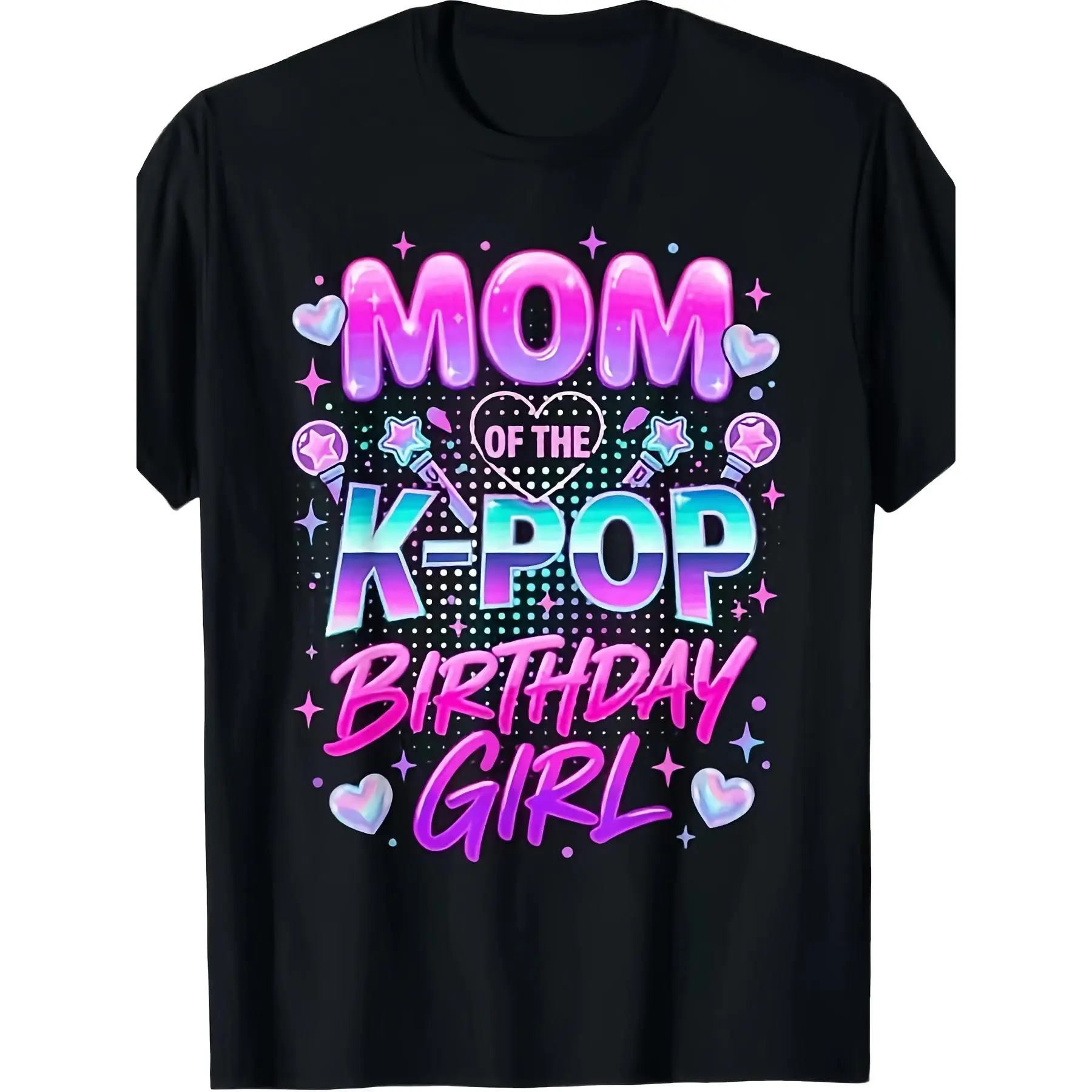 Mom Of The K-Pop Birthday Girl Glitter Gradient Lightstick Heart Graphic T-Shirt, Cute Kpop Fan Party Matching Viral Women’s Casual Tee, 100% Cotton 180g Unisex Birthday Top S-3XL