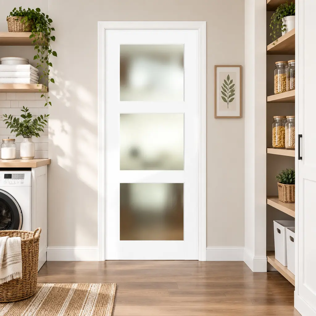 Littleox 24x80 in Preassembled 3-Lite Frosted Glass French MDF Wood Panel Slab, SGCC-Certified Tempered Safety Glass, Soundproof Privacy Option for Bathroom, Pantry, White, No Hardware Included