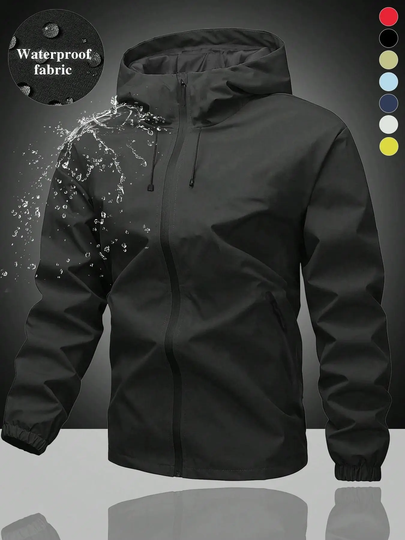 Men's Waterproof Windproof Hooded Raincoat, Full Zipper Windbreaker, Drawstring Hat, Elastic Sleeve Cuffs, Lightweight Outdoor Jacketmens