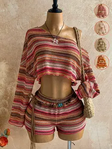 2 Pcs Women's Colorful Striped Asymmetrical Shoulder Long Sleeve Top And Shorts Set for Vacation, Stylish Two-Piece Ensemble, Perfect for Travel and Daily Wear