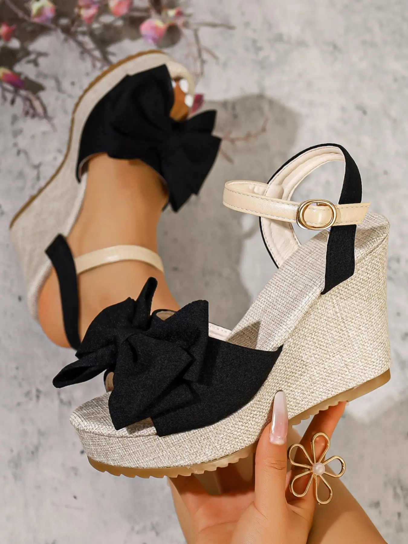 Summer Women's Fabric Butterfly Knot Ankle Strap Wedge Sandals, Linen Straw Thick Sole Waterproof Platform Open Toe High Heel Shoes Strappy Heels, Strappy Wedges