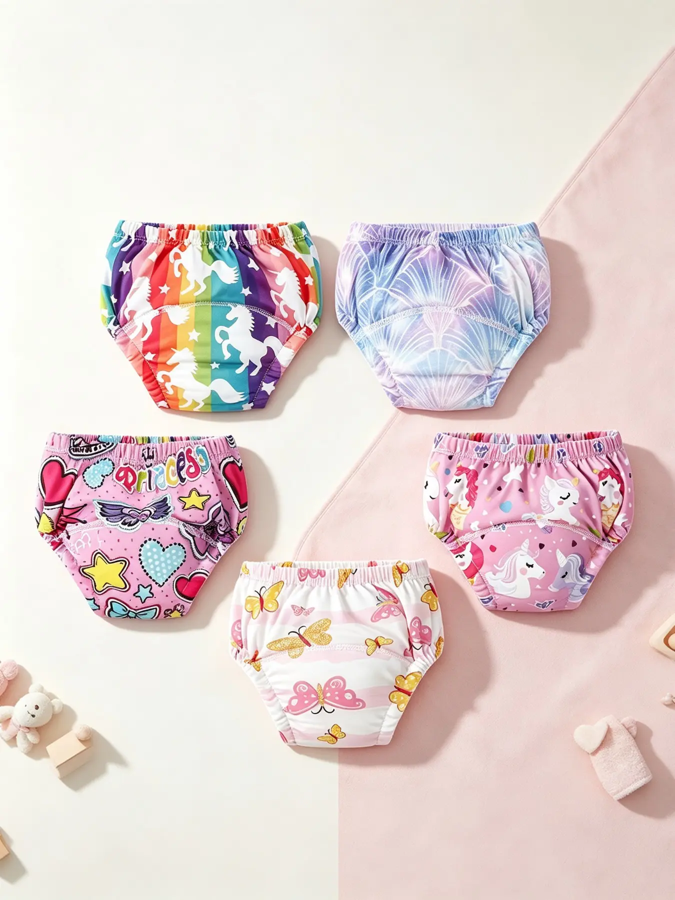 5-Pack Reusable Potty Training Pants for Kids, Unicorn & Butterfly Print, Soft Breathable Comfort, Summer Beach Pool Use, Unisex Baby Clothes, Toddler Potty Training Underwear