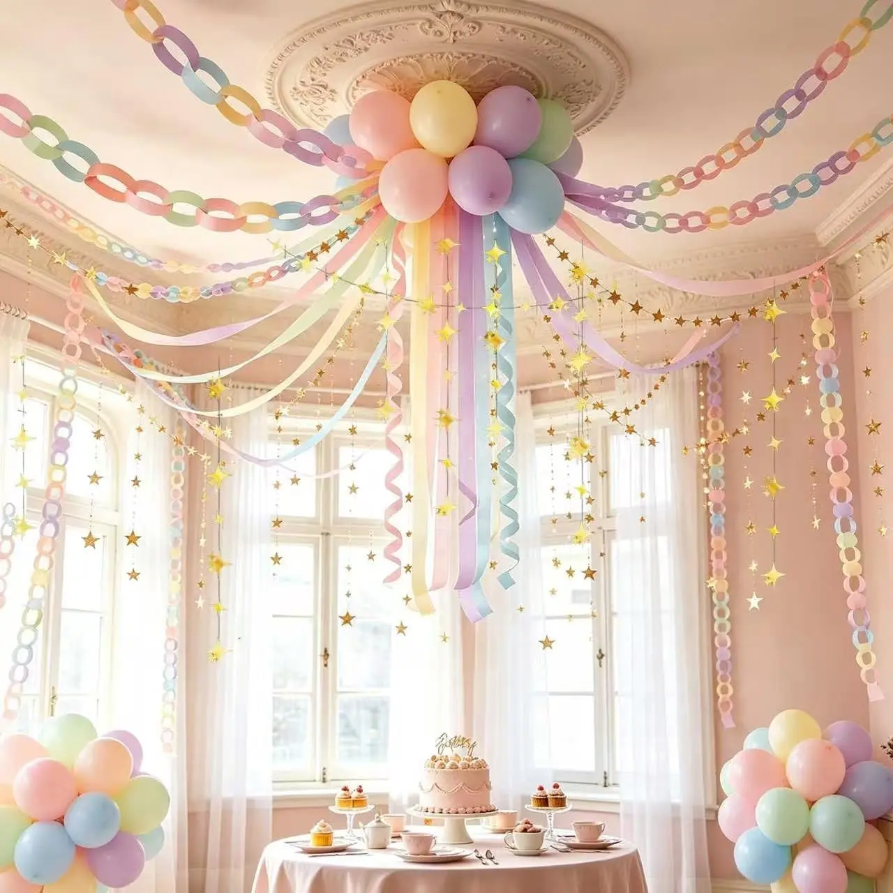 Shiny Pastel Celebration Paper Chain Strips Kit Pack - 600 Paper Strips, 78.7ft Gold Star Garlands, 6 Streamers, 6 Ribbons, 50 Balloons for Festive Parties, Home Decor (Includes Balloons), 78.7 Feet