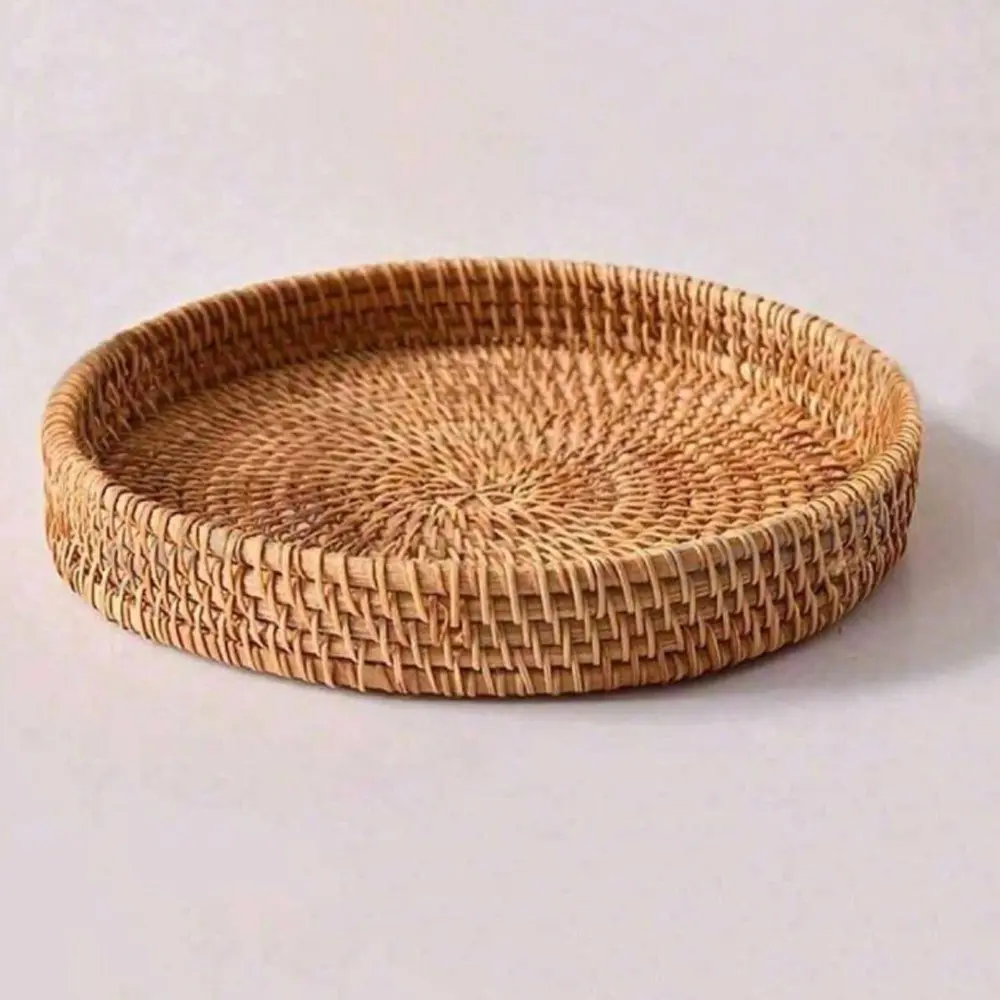 Handmade Woven Rattan Storage Tray, Japanese Style Solid Color Desktop Organizer, Ideal for Dining Table, Home Decor, Picnic, Birthday Party