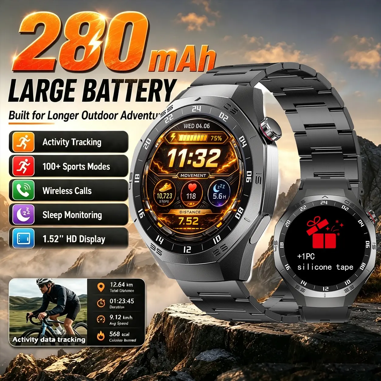 Men's Outdoor Smart Watch, Bluetooth-compatible Call, 1.52 Inch HD Screen, Heart Rate Sleep Monitor, 110+ Sports Modes, Ip67 Waterproof, Android iOS Compatible