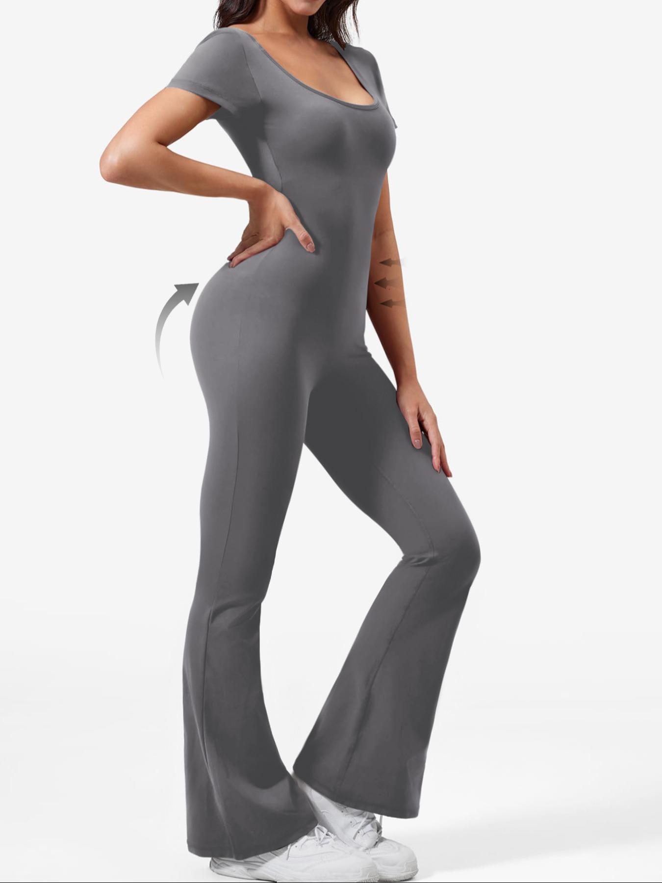 Women's Solid Cut Out Backless Flare Leg Sports Jumpsuit, Sporty Square Neck Ruched Bell Bottom Tummy Control Jumpsuit for Yoga Gym Workout, Ladies Sportswear for All Seasons