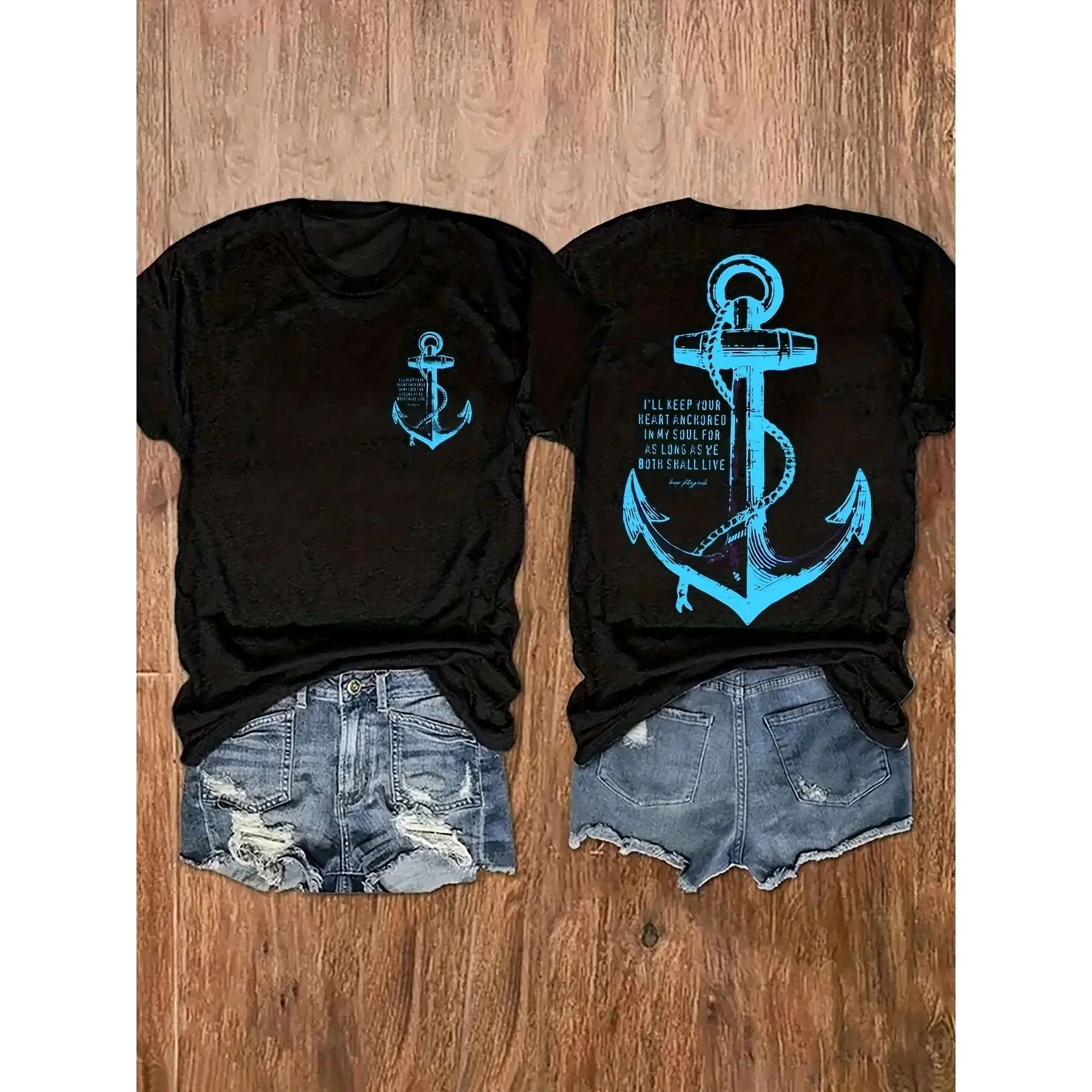 [Nautical Graphic T-Shirt] Women's Casual "I'll Keep You Safe" Nautical Graphic T-Shirt - Short Sleeve, Round Neck, All-Season Top with Anchor Design, Perfect for Beach, Casual Outings, Beach Wear | Nautical Theme | Lightweight Top