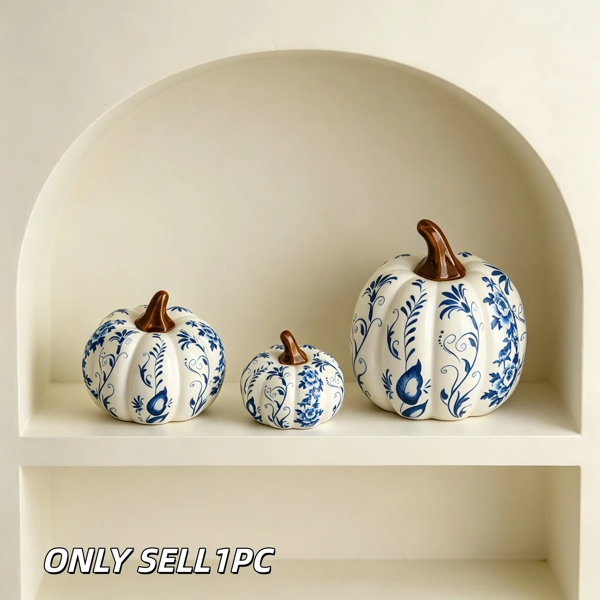 1PC New Chinese Style Blue and White Porcelain Pumpkin Decoration, Vintage Floral Ceramic Pumpkin Figurine, Indoor Tabletop Decoration for Autumn & Halloween