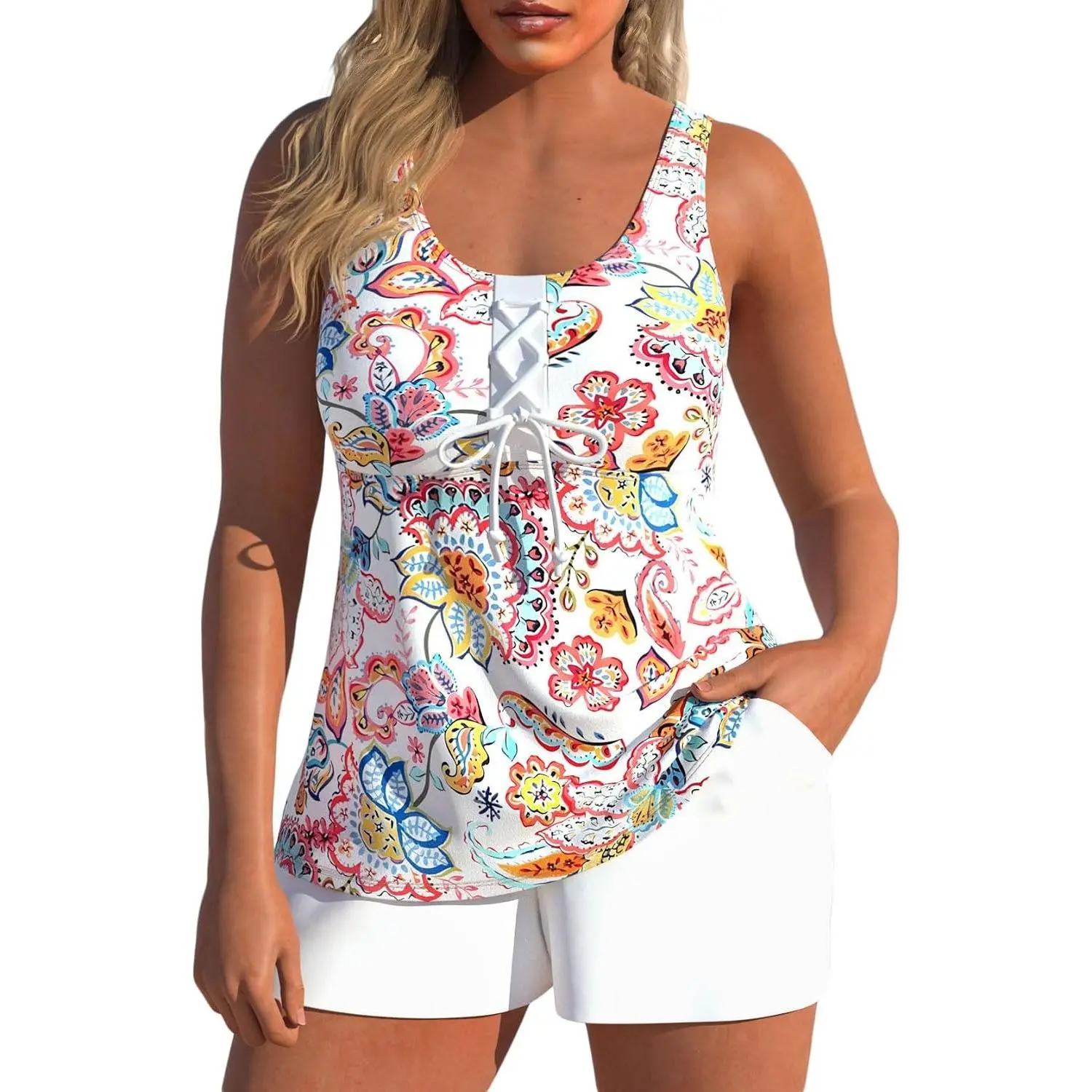 Lace Up Womens Tankini Swimsuits with Pocket, Two Piece Bathing Suits, Racerback Tank Top with Board Shorts