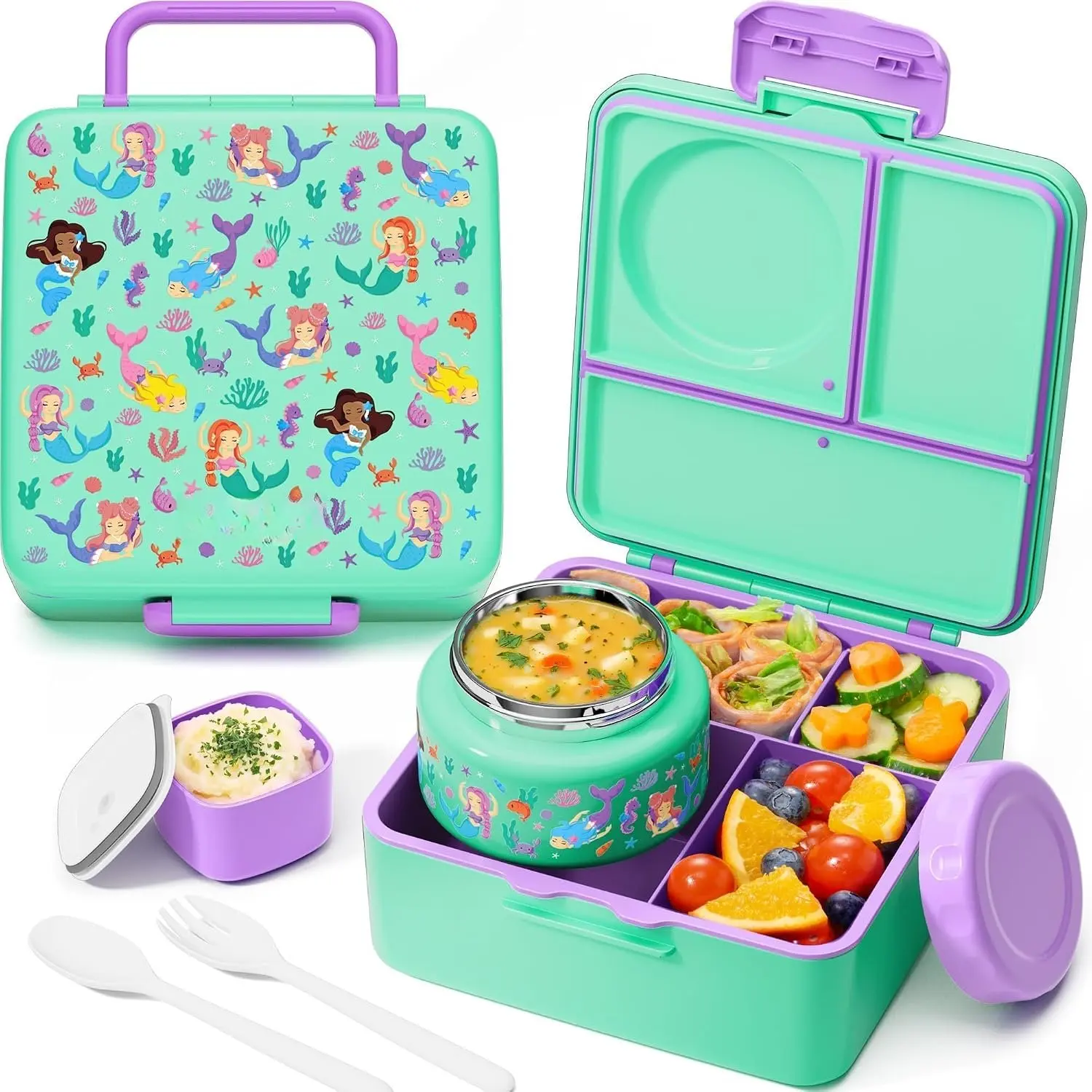 60oz Leakproof Bento Box for  Adult with 8.5oz Thermo  Jar | 3-4 Compartment   Lunch Box  Container with Utensil Sauce Cup for School Boys Girls, Dishwasher Safe,